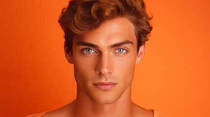 Portrait of a handsome elegant sexy Caucasian man with perfect skin, on an orange background, banner.