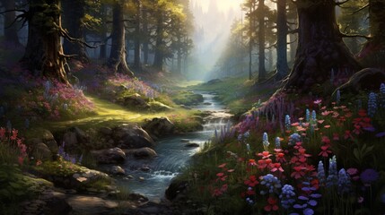 A hidden glen within the forest, showcasing a lush carpet of wildflowers, a burst of colors accentuating the elegant tranquility of the woodland - Generative AI