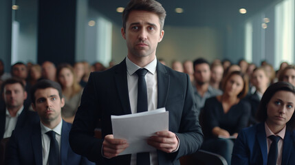 Caucasian man with serious expression at head of conference room, holding file for his speech, surrounded by attentive audience, focused and attentive atmosphere, like a lawyer doing an advocacy - obrazy, fototapety, plakaty