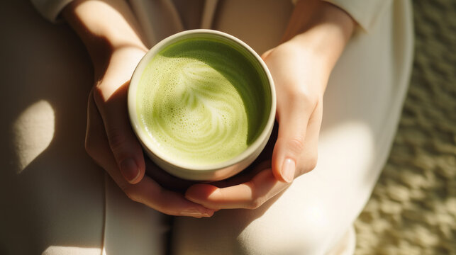 Woman hands holding a a Matcha latte green hot beverage