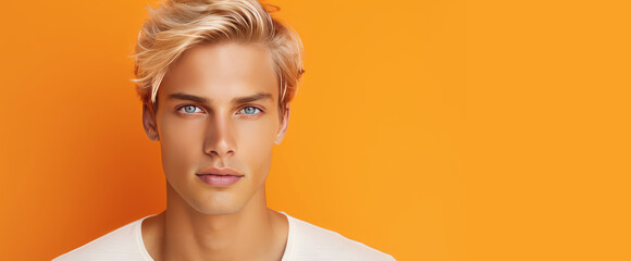 Portrait of a handsome elegant sexy Caucasian blond man with blond hair with perfect skin, on an orange background, banner. - obrazy, fototapety, plakaty