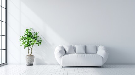 Beige concrete mock-up wall with white fabric sofa and pillows modern interior. Minimalist home interior design. White sofa and potted houseplants Generative AI