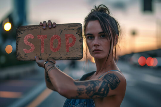 Stop concept image with woman holding a sign with written word stop to represent fight against domestic violence and sexual abuse