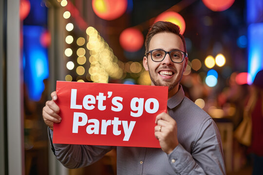 Let's go party concept image with a man in a bar or nightclub holding a sign let's go party