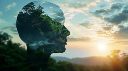 Outdoor-Kissen Outline of a human head containing a serene landscape background, symbolizing the concept of inner peace and mental tranquility with copy space © Keitma