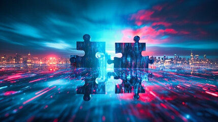Jigsaw Puzzle Partnership: Two hands connecting puzzle pieces symbolizing teamwork, partnership, and collaboration - obrazy, fototapety, plakaty