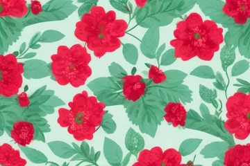 Fototapeten red and grey vector flowers with leaves bunches pattern on green background © Abdul