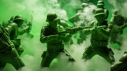Fototapeta na wymiar Epic battle scene with plastic green toy soldiers shooting with modern riffles surrounded by smoke , war concept image
