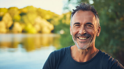 Man in his 50s who exudes happiness and a sense of feeling truly alive in a beautiful natural park near a lake, genuine smile on his face, relaxed and confident, male who found joy and contentment - Powered by Adobe