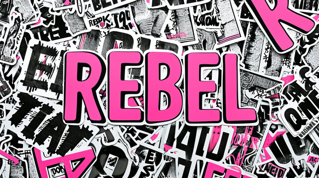 Rebel concept image with illustration of rebel word text and various typography, black and white and pink like stickers and tag paint