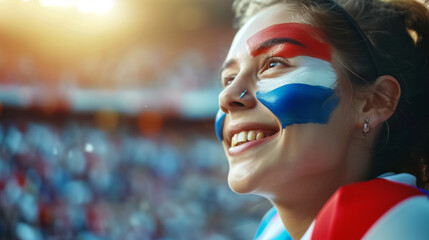 Happy Dutch woman supporter with face painted in Netherlands flag colors, blue white and red, Dutchwoman fan at a sports event such as football or rugby match, blurry stadium background, copy space - obrazy, fototapety, plakaty