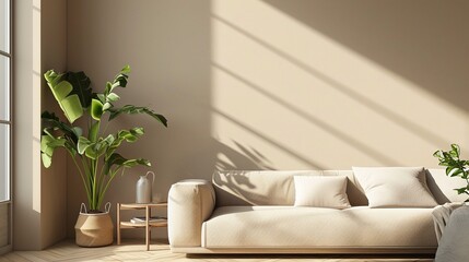 Beige room interior living room interior mockup empty beige wall. Minimalist home interior design of modern living room. White sofa and potted houseplants. Generative AI