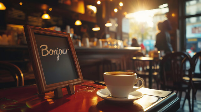 Coffee cup in a cafe in morning light and sign with written french word Bonjour meaning Hello and waiter in France
