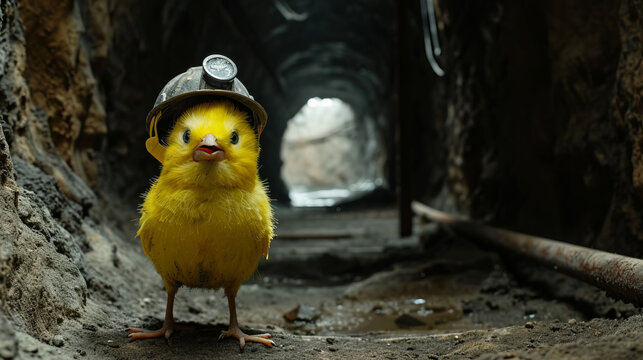 Canary bird wearing small miner's hard hat in mine shaft, canary in the coal mine idiom concept