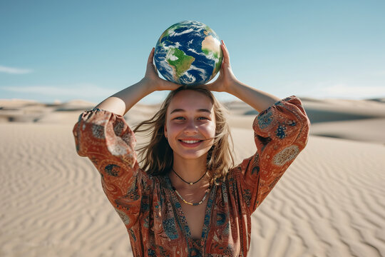 Young environmentalist holding planet Earth with sand desert background