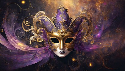 Venetian mask on an abstract black background with golden lights, in the style of detailed architectural drawings, peach fuzz and dark purple, contour line - obrazy, fototapety, plakaty