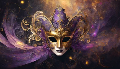 Fotobehang Venetian mask on an abstract black background with golden lights, in the style of detailed architectural drawings, peach fuzz and dark purple, contour line © evrimfunda