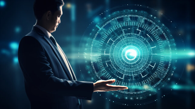 A businessman holding a gear wheel which is on a background