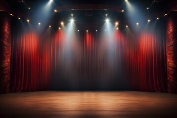 Empty modern stage with bright background for performance, stage lighting with spotlights for theater performance