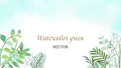 葉、若葉、グリーンのフレームバナーテンプレート、水彩手描きボタニカルな背景素材　ベクターイラスト　16：9