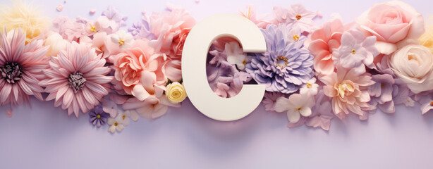 capital letter C Spring card with floral decoration, flowers, blue background, logo