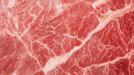 Background or texture of a detailed close-up showcasing the rich marbling of raw beef, with visible fat veins and seasoning