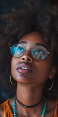 Afrikanische Frau mit Brille blickt nach oben