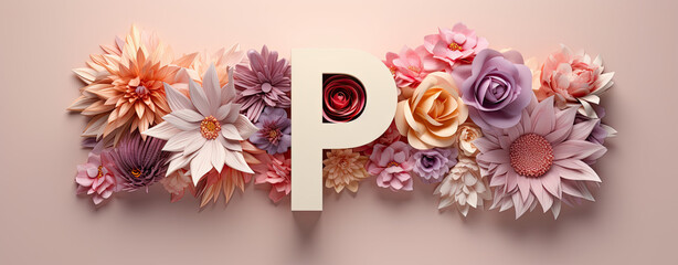 capital letter P Spring card with floral decoration, flowers, blue background, logo