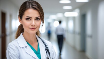 Woman doctor in hospital corridor with blurred bokeh background