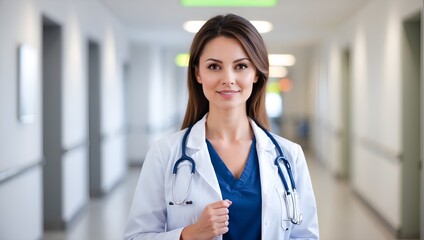 Woman doctor in hospital corridor with blurred bokeh background