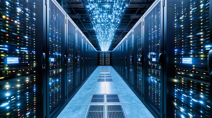 Server Room Technology: A high-tech server room with networking equipment and blue lighting for data management