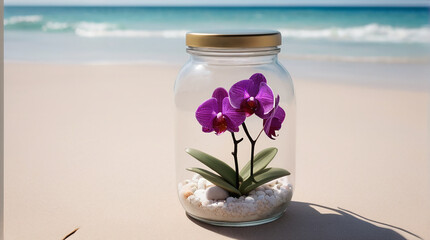 A Captivating Orchid Jar Amidst Beach Serenity AI GENERATED