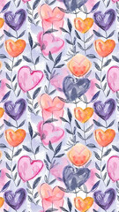 Watercolor Hearts and Leaves Vertical Background