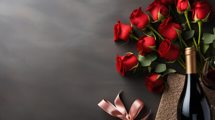 Flat lay composition with beautiful red roses and gift boxes on grey background. Valentine's Day celebration