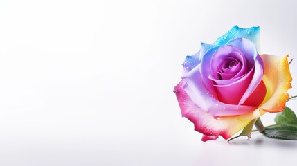 Colourful rose single on white background. Valentine's day-wedding. greeting card. advertisement. copy text space.