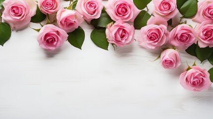 Composition. pink roses on white background. Valentine's day-wedding. greeting card. presentation. advertisement. copy text space.