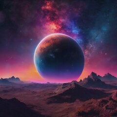 Fototapeta na wymiar Fictional planet with colourful night sky, stars and nebula