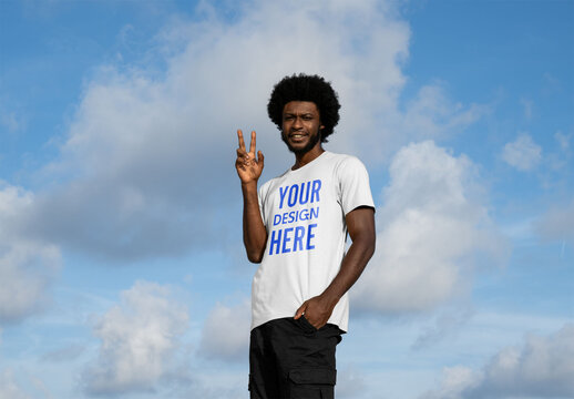 Mockup of man wearing customizable t-shirt, peace sign