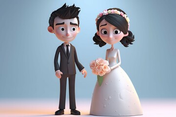 Cartoon wedding couple. Happy bride and groom celebration event. Generate ai