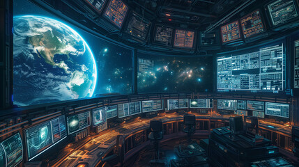 A futuristic 9-1-1 communications center filled with monitors looking from space on a chaotic earth