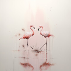 painting, mind blowing, minimalistic, flamingos, light pink and taupe, unique