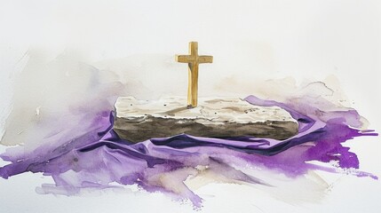 Watercolor painting capturing the essence of Ash Wednesday, with an ash cross on a stone surface and a purple cloth in the background, minimalist and thoughtful