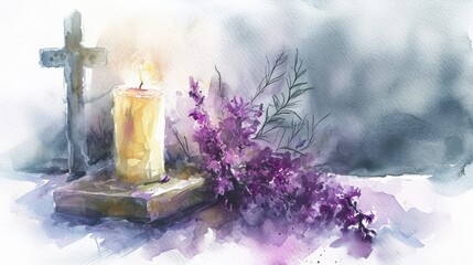 Artistic watercolor painting of an Ash Wednesday scene, featuring a candle, ash cross, and purple flowers, tranquil and spiritual atmospher
