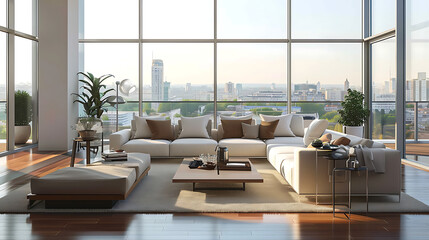 Fototapeta na wymiar A modern living room offers stunning city views through large windows, with sleek furnishings for relaxing