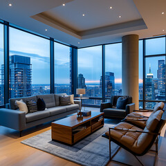 A modern living room offers stunning city views through large windows, with sleek furnishings for relaxing