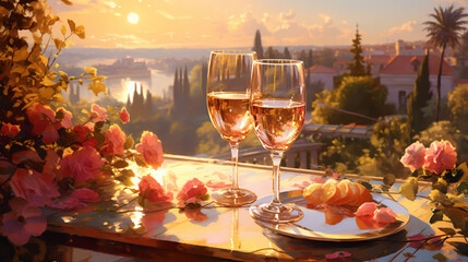 Rose wine tasting, glass of rose wine poured from bottle outdoors in garden party in vineyard, ripe grapes on wooden table, sunlight, harvest time, copy space - obrazy, fototapety, plakaty