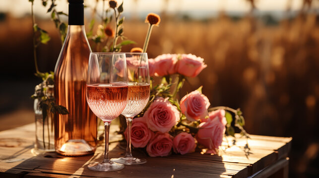 Rose wine tasting, glass of rose wine poured from bottle outdoors in garden party in vineyard, ripe grapes on wooden table, sunlight, harvest time, copy space