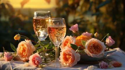 Rose wine tasting, glass of rose wine poured from bottle outdoors in garden party in vineyard, ripe grapes on wooden table, sunlight, harvest time, copy space