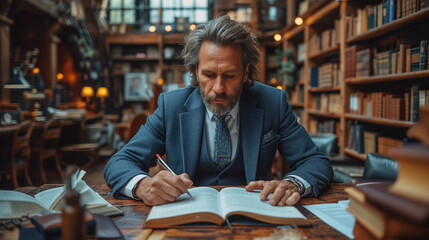 business man reading book in library - obrazy, fototapety, plakaty