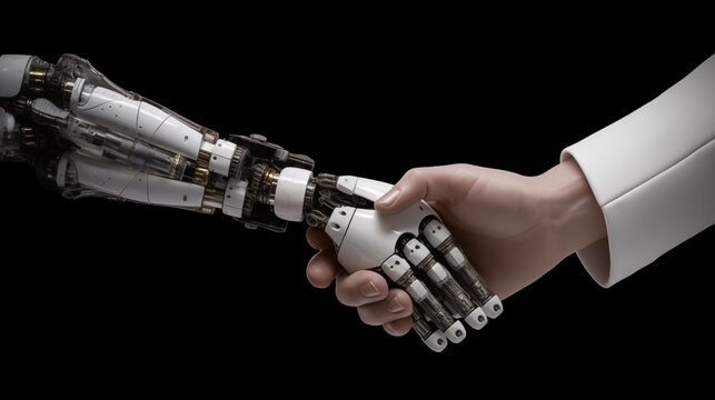 a photograph of a man and robot shaking hands on black background